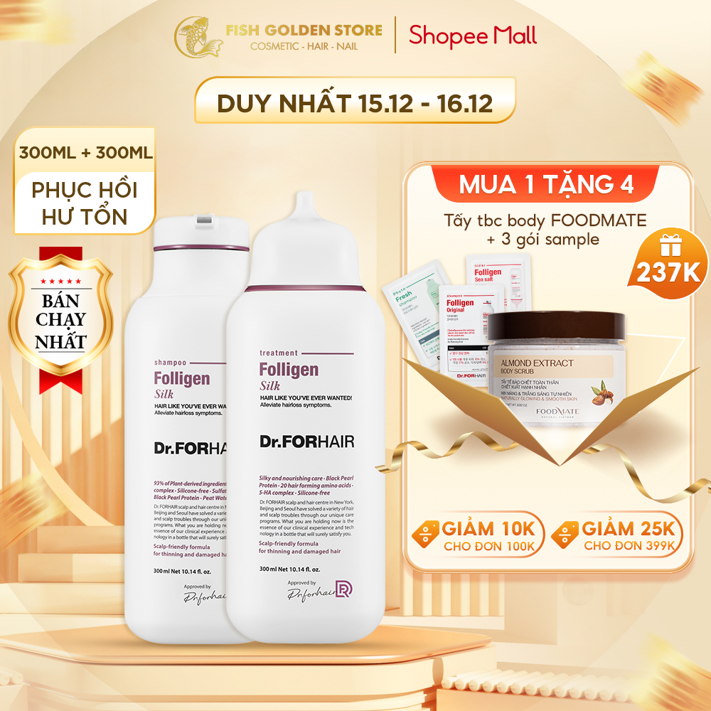 Bộ gội xả dành cho tóc mỏng và hư tổn không chứa silicon Dr. FORHAIR FOLLIGEN SILK SHAMPOO x FOLLIGEN TREATMENT 600ml