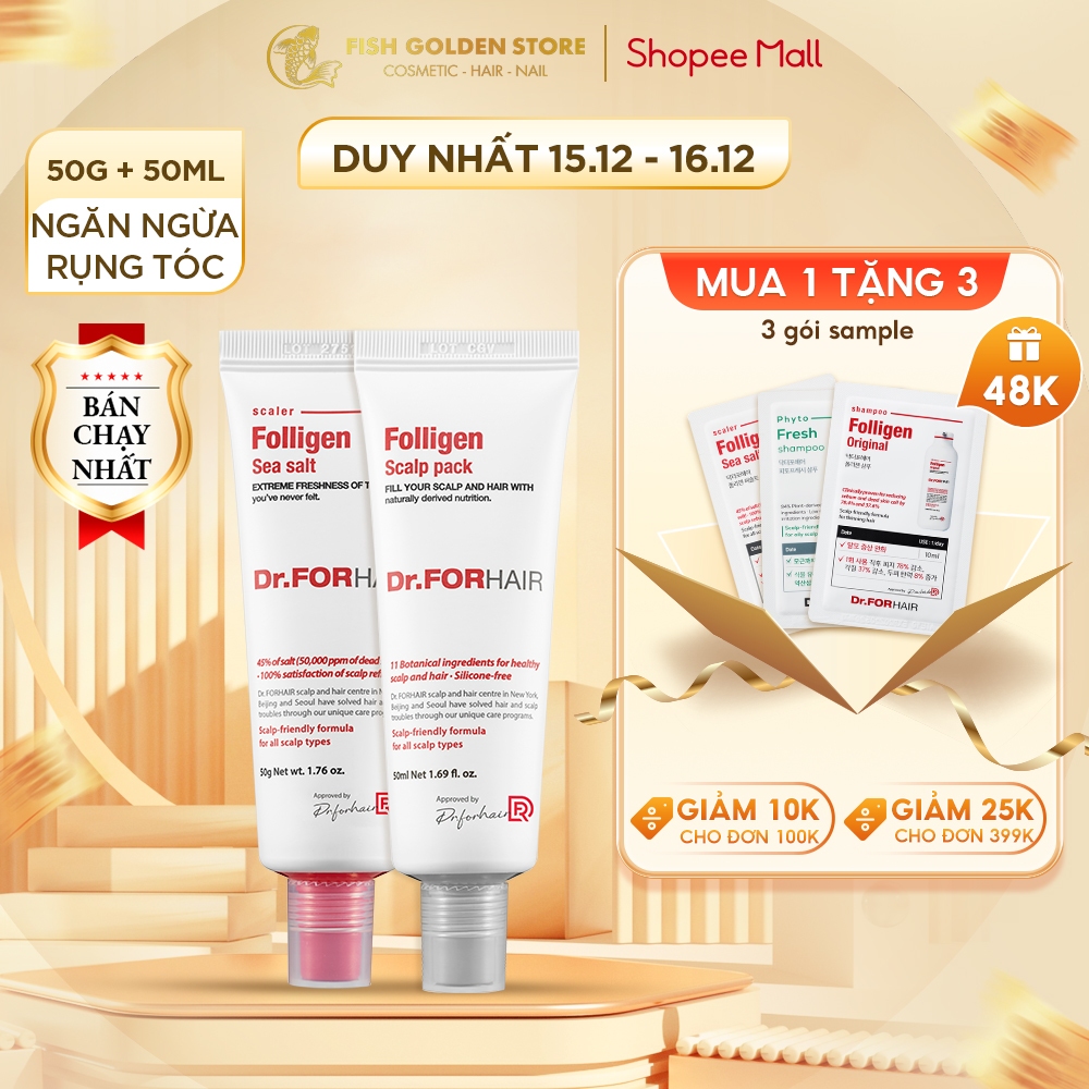 Bộ muối tẩy tế bào chết da đầu và dầu xả dưỡng tóc Dr.FORHAIR Folligen Scalp Pack 50ml và Sea Salt Scaler 50g