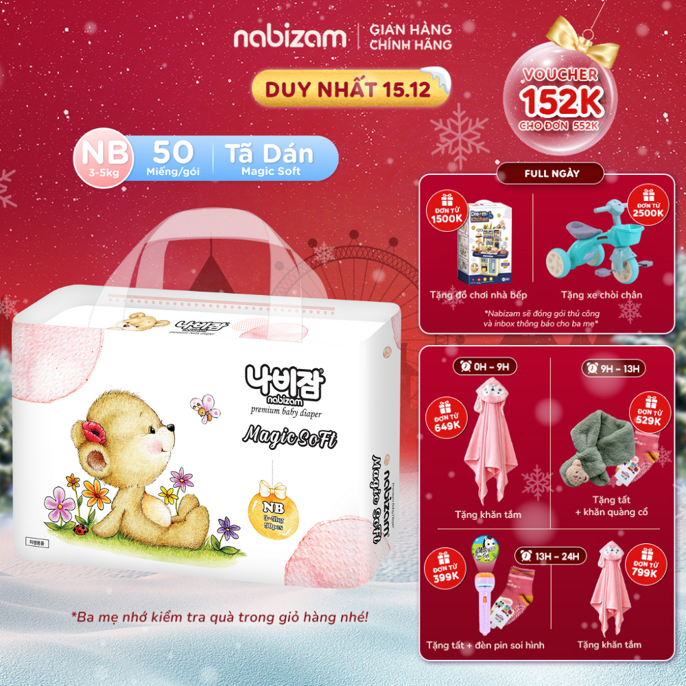 Tã/Bỉm Dán NABIZAM Magic Soft Cao Cấp Từ Sợi Bông Được Tuyển Chọn An Toàn Cho Bé Size NB Cho Bé Từ 3-5kg, 50 Miếng/Bịch