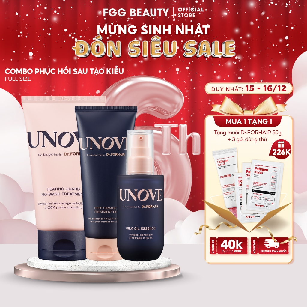 Combo Tinh chất nuôi dưỡng, chăm sóc và phục hồi tóc hư tổn UNOVE  Deep damage x Heat Guard No Wash Treatment x silk oil