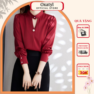 Áo sơ mi công sở nữ cổ 2 cúc chất liệu lụa Oxatyl A85 áo dài tay nữ