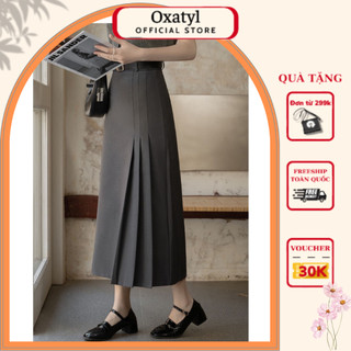 Chân váy A dài kiểu xếp 3 ly 2 lớp vải tuyết mưa dày dặn mặc đi làm công sở V54