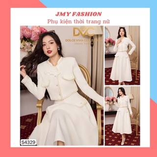 S4329 Set áo chân váy dạ kem dáng xòe công sở [Dolce Viva Colection (DVC)] áo khoác dạ dài tay tiểu thư nữ tính