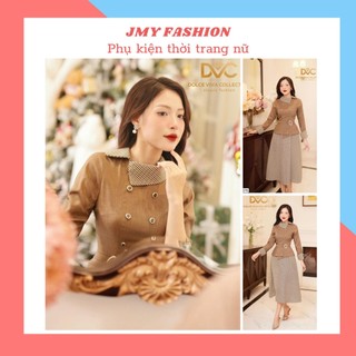 V4378 Váy đầm xòe nâu phối chân váy kẻ [Dolce Viva Colection (DVC)] (tặng kèm đai) đầm công sở vintage