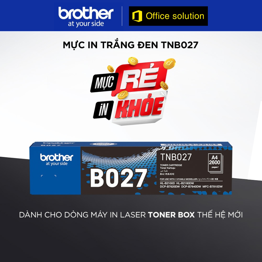 Mực in trắng đen Brother TNB027 dành cho các dòng máy HL-B2100D, HL-B2180DW, DCP-B7620DW, DCP-B7640D