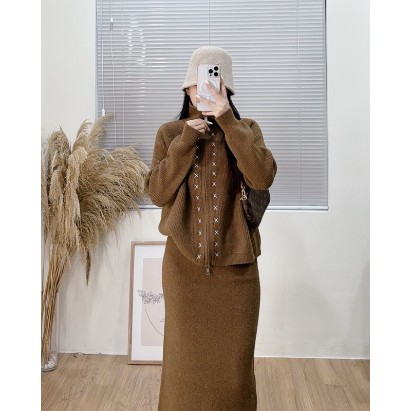 33175 set len áo kéo khoá và chân váy bút chì lưng chun