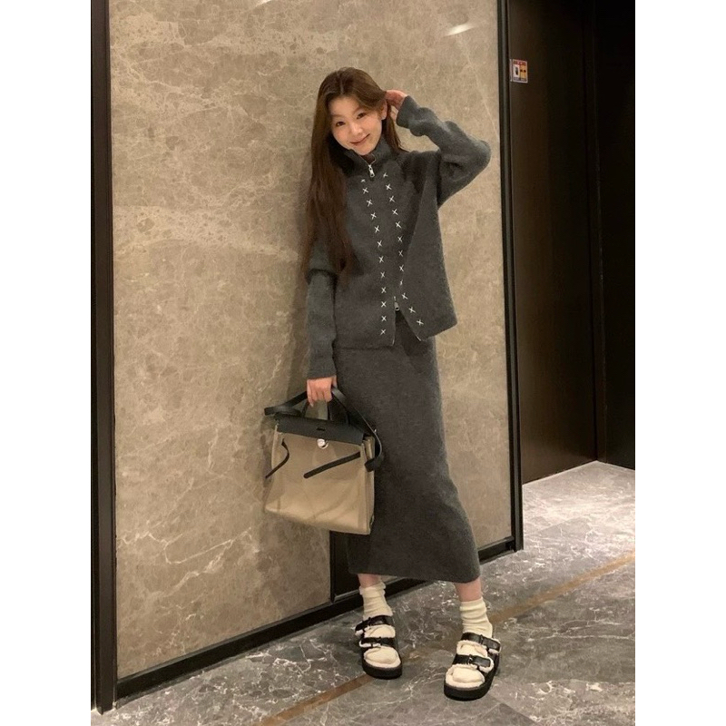 33175 set len áo kéo khoá và chân váy bút chì lưng chun