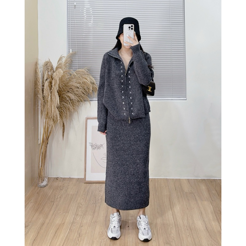 33175 set len áo kéo khoá và chân váy bút chì lưng chun