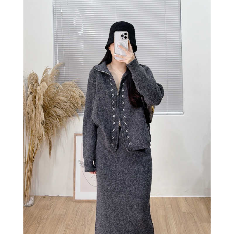 33175 set len áo kéo khoá và chân váy bút chì lưng chun