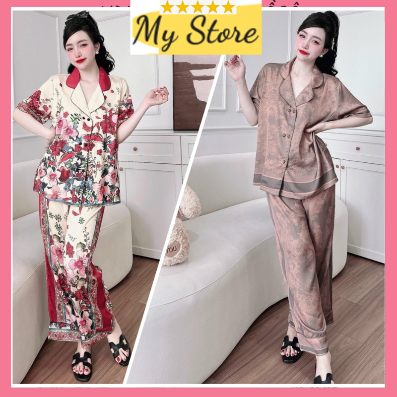 Đồ bộ pijama nữ form rộng, đồ ngủ tay ngắn quần dài vải lụa latin in 3D mịn mát MY STORE