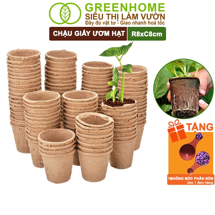50 Chậu Trồng Cây Greenhome, D8xR8cm, Bằng Giấy Tự Phân Huỷ, Ươm Hạt Giống, Cây Con, Tiện Lợi, Thân Thiện Môi Trường