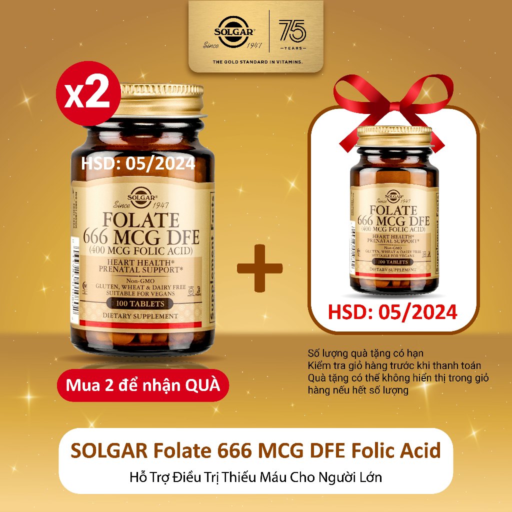 Viên Uống Solgar Folate 666 MCG DFE Folic Acid - Bổ Sung Hồng Cầu, Lọc Máu Cho Người Lớn