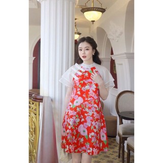 ĐẦM GẤM HOA ĐỎ TAY VOAN PHỐI NƠ VAI - Hình Shop Chụp Thật