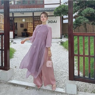 Áo dài cách tân nữ 4 tà giao ánh dáng suông vải tơ thêu hoa cao cấp cổ nơ đính ngọc - áo dài nhà mây