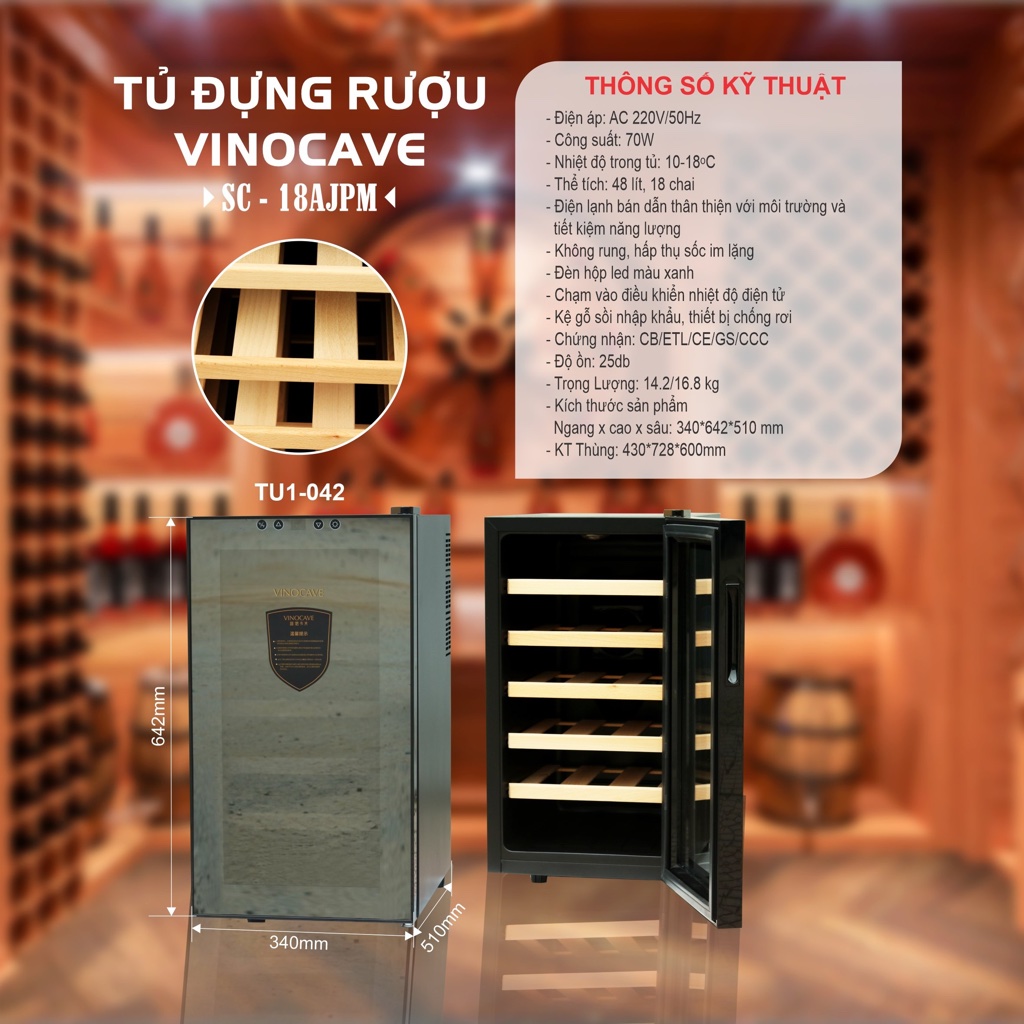 Tủ Rượu Vang, tủ bảo quản rượu vang Vinocave 18