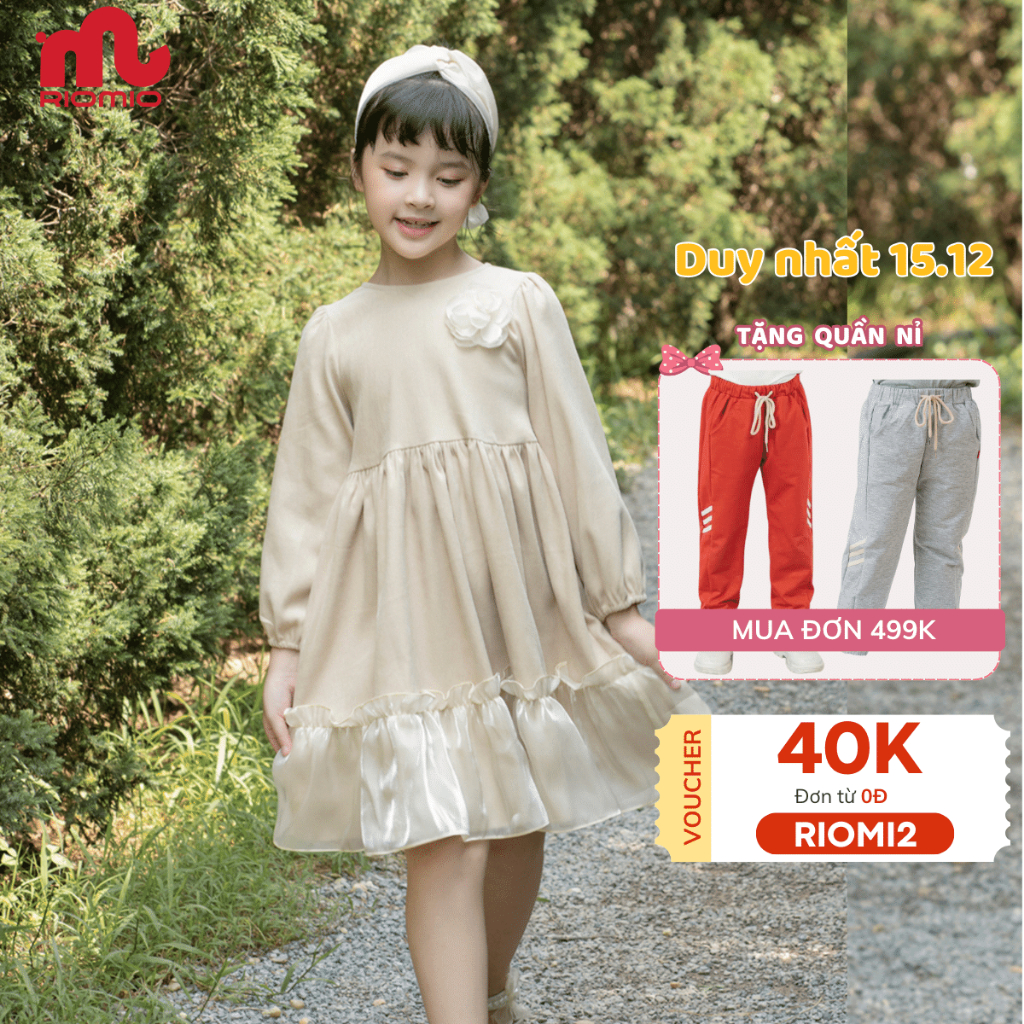 Váy bé gái thu đông Riomio dài tay size 15-37kg, chất nhung mềm mịn phối tơ óng cho bé 3,4,5,6,7,8,9,10 tuổi RV338