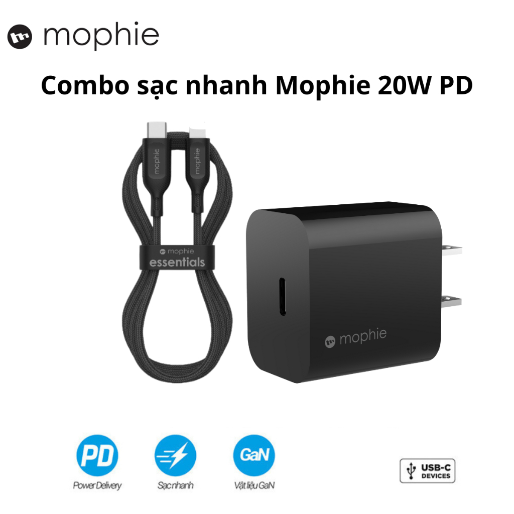 Combo sạc nhanh Mophie PD công nghệ GAN 20W /30W USB-C dành cho IP/ nhà Táo