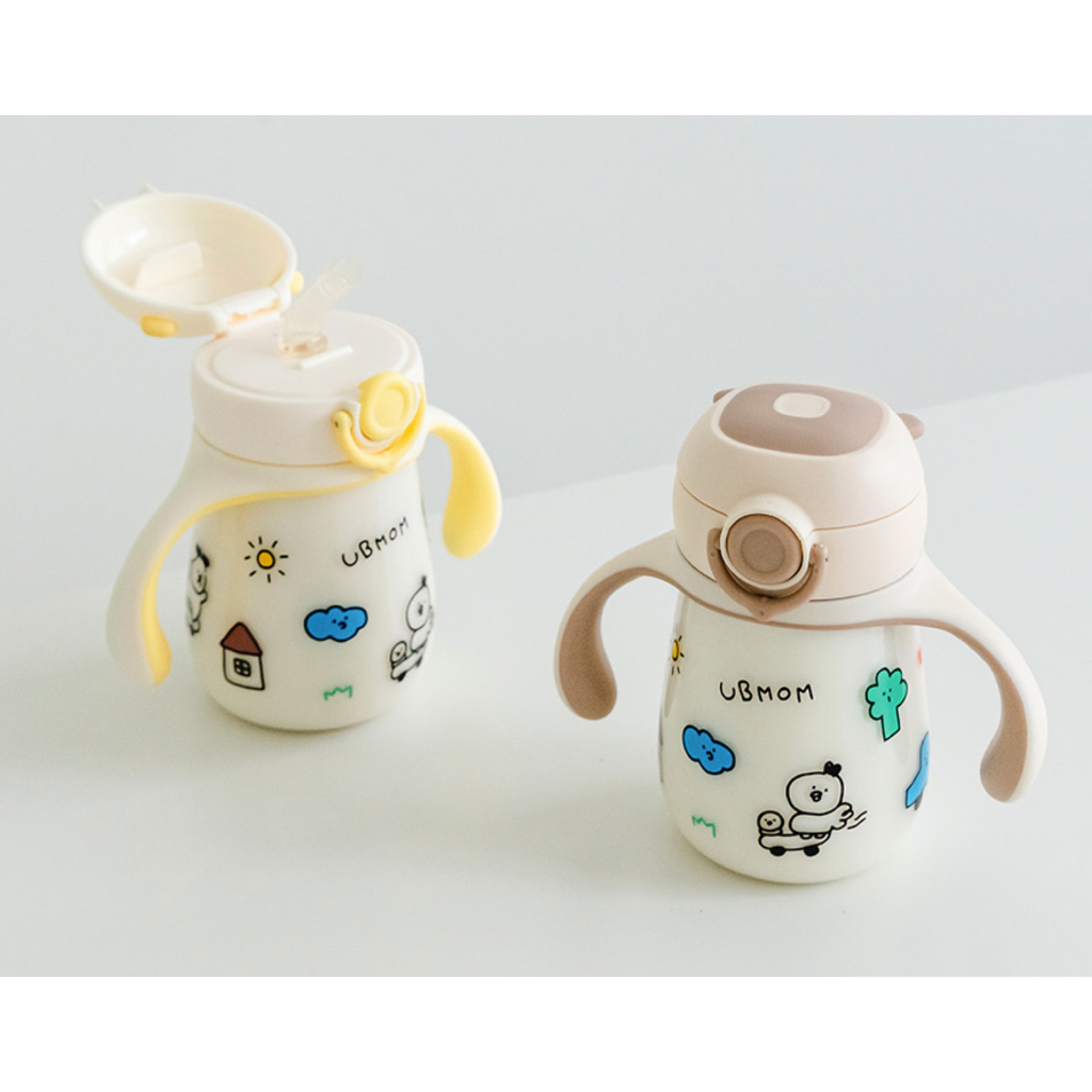 Bình hút nước, hút sữa chống sặc cho bé Ubmom Hàn Quốc 260ml, có nắp bật và tay cầm dễ thương