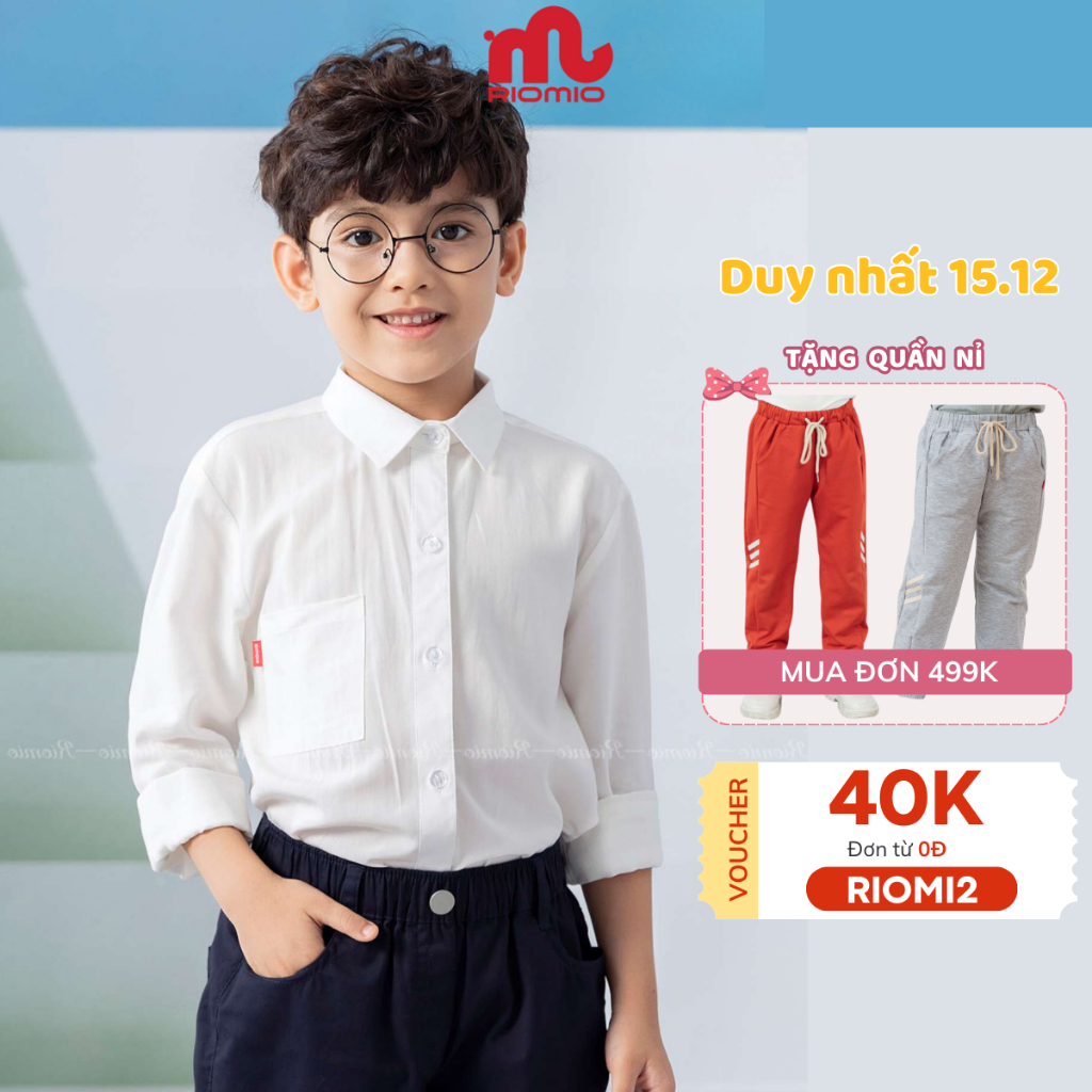 Áo sơ mi trắng bé trai Riomio áo sơ mi dài tay size 20-42kg cho bé đi học, cổ Đức chất 100% cotton thô Hàn mềm mát RA696