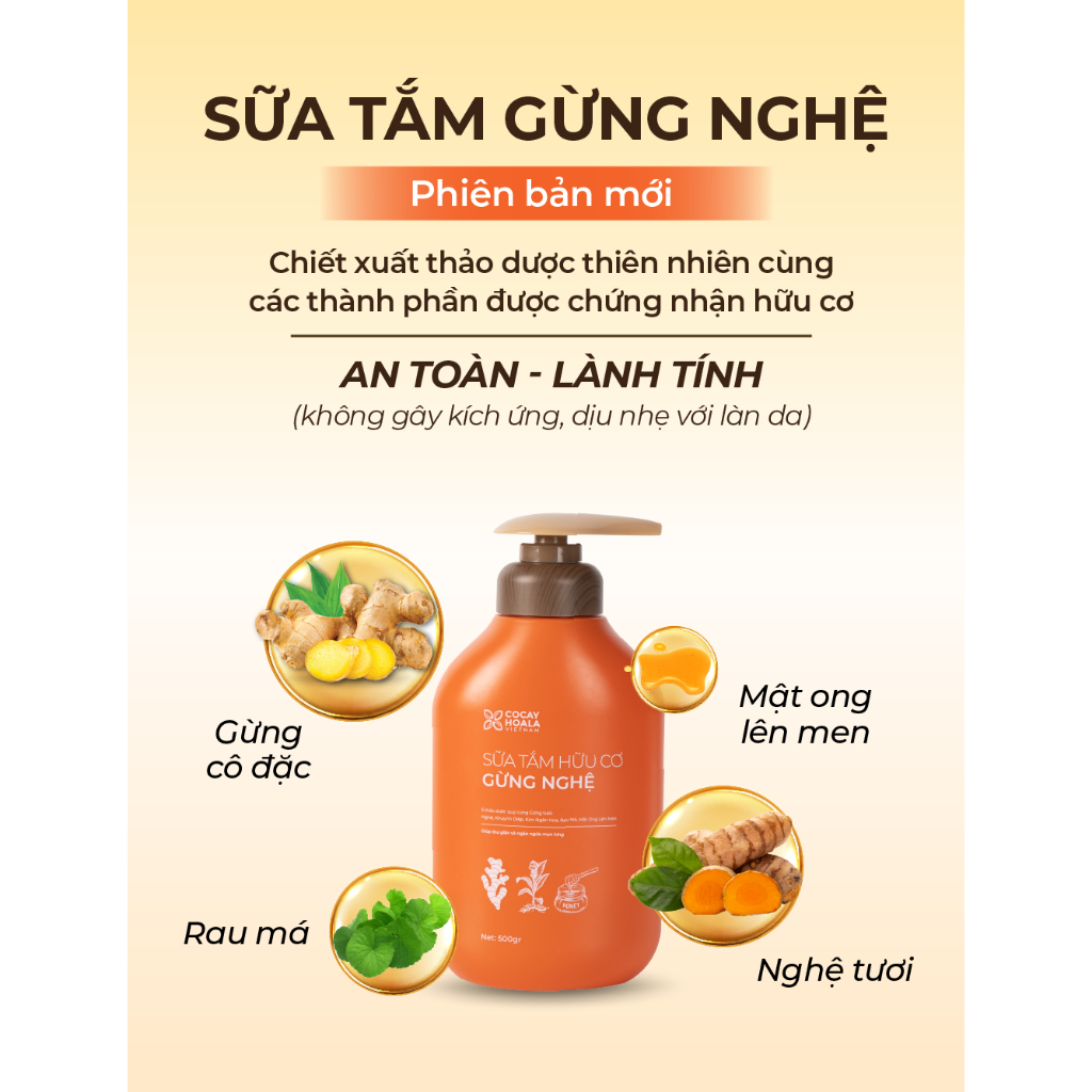 Combo Sữa Tắm Hữu Cơ Gừng Nghệ 500g+ Dung dịch vệ sinh phụ nữ Gel X2 Nano Nghệ 150ml Cocayhoala