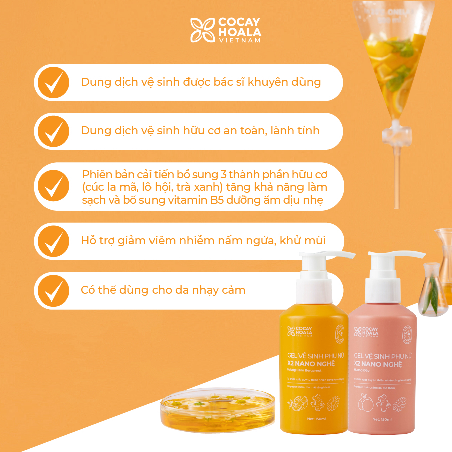 Combo Sữa Tắm Hữu Cơ Gừng Nghệ 500g+ Dung dịch vệ sinh phụ nữ Gel X2 Nano Nghệ 150ml Cocayhoala
