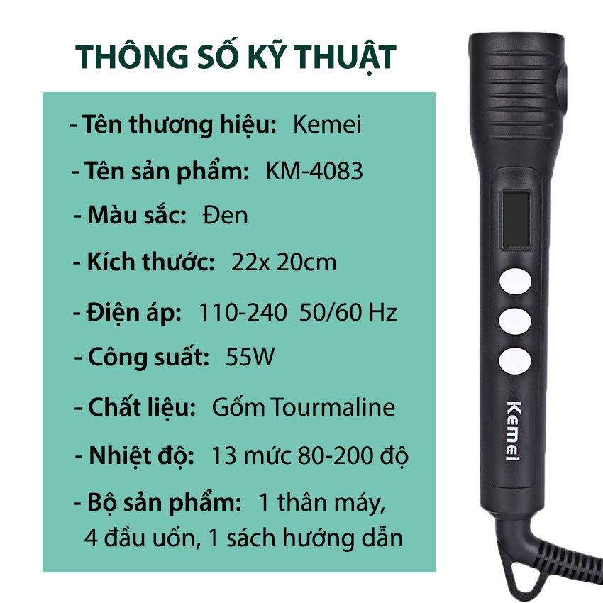 Máy uốn tóc chuyên nghiệp 4in1 KEMEI KM-4083 với 4 đầu uốn thay thế dùng để uốn xoăn, uốn lọn - Hàng chính hãng