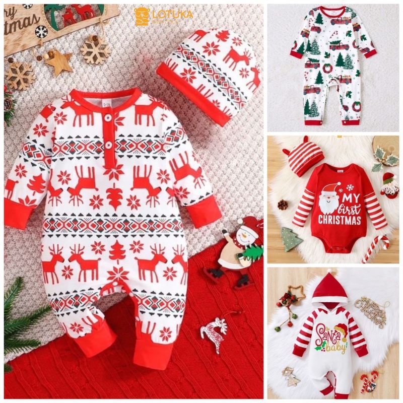 Bodysuit Họa Tiết Giáng Sinh LOTUKA Cho Bé, Body Noel Cho Bé Trai Bé Gái, Quần Áo Trẻ Em Chất Cotton Mềm Mịn Size 3-12kg