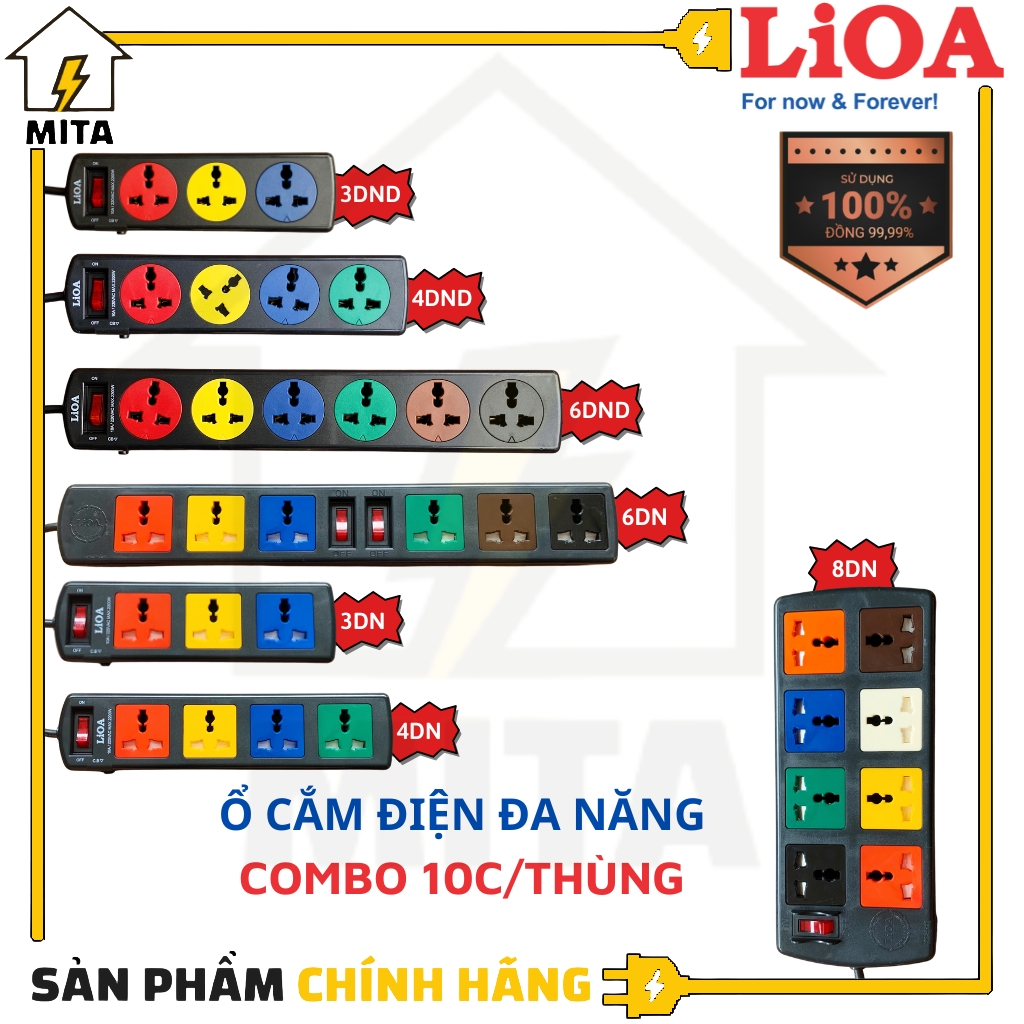 COMBO 10 CÁI Ổ cắm điện LiOA đa năng 3 lỗ, 4 lỗ, 6 lỗ, 8 lỗ dây dài 3m/5m - MITA