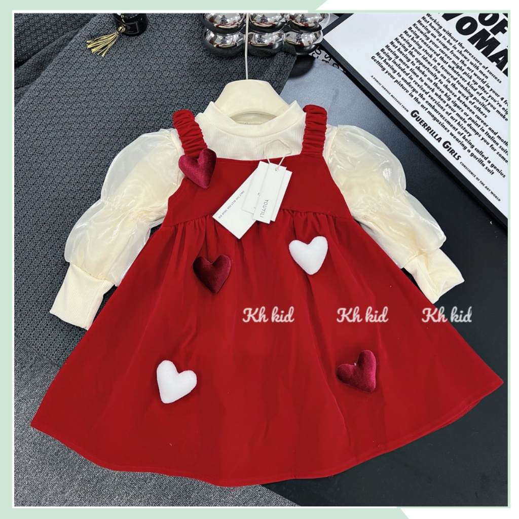 Váy nhung đỏ hai dây đính trái kim kèm áo cổ lọ tay bồng cho bé gái đi chơi VBG131