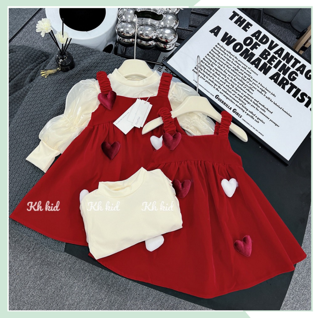 Váy nhung đỏ hai dây đính trái kim kèm áo cổ lọ tay bồng cho bé gái đi chơi VBG131