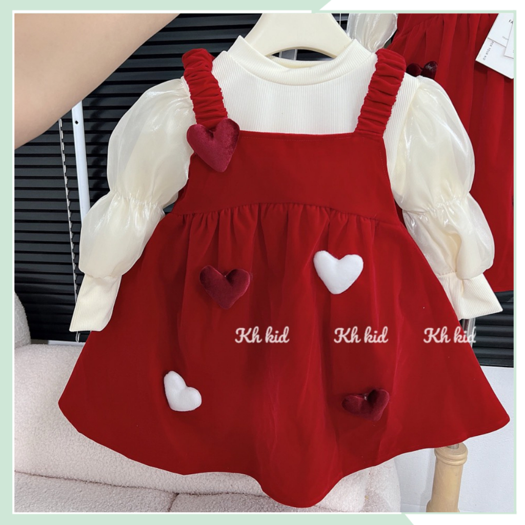 Váy nhung đỏ hai dây đính trái kim kèm áo cổ lọ tay bồng cho bé gái đi chơi VBG131