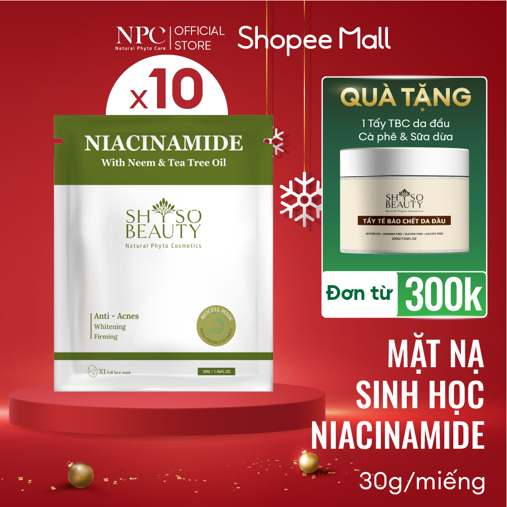 Combo 10 miếng mặt nạ SHSO Beauty Biocell Niacinamine 4% dành cho da mụn, chiết xuất lá Neem và tinh dầu tràm - NPC PHAR
