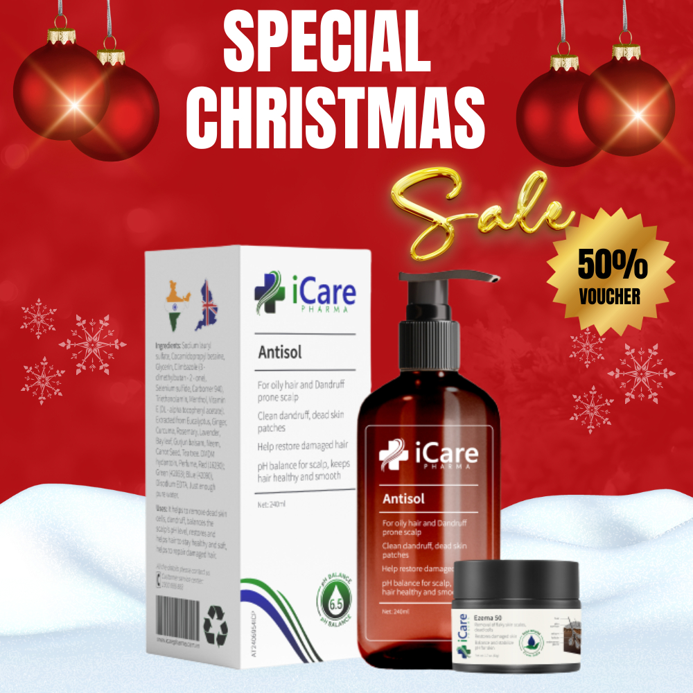Combo Sản Phẩm Ezema 50 & Dầu Gội Sạch Gàu Antisol | Thương Hiệu iCare Pharma | Hỗ Trợ Trị Gàu Ngứa, Nấm Da Đầu Lâu Năm