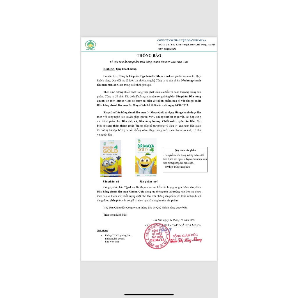 Dầu húng chanh Minion Gold chính hãng Dr.Maya hỗ trợ bé giảm ho, tiêu đờm, tăng đề kháng