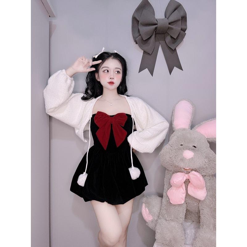  Set Váy Quây Bồng Nơ Nhung Kèm Áo Choàng Quả Bông Len 