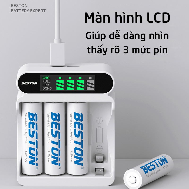 Sạc pin Beston C9023 mẫu mới 2023 sạc nhanh tự ngắt khi đầy có màn hình LCD dùng cho micro, remote