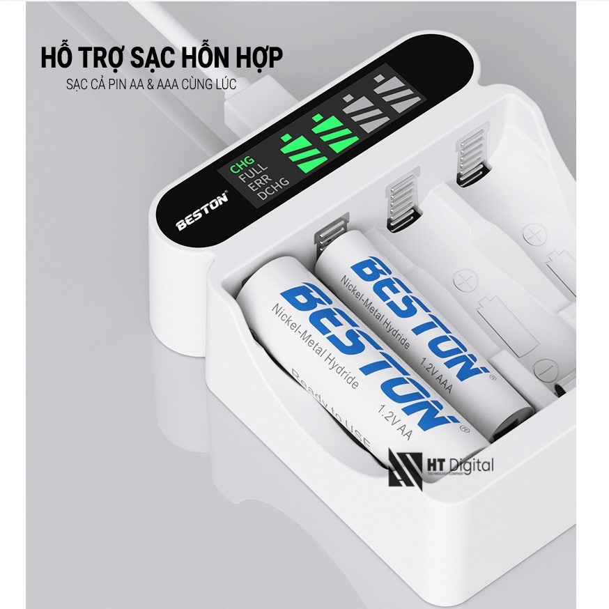 Sạc pin Beston C9023 mẫu mới 2023 sạc nhanh tự ngắt khi đầy có màn hình LCD dùng cho micro, remote