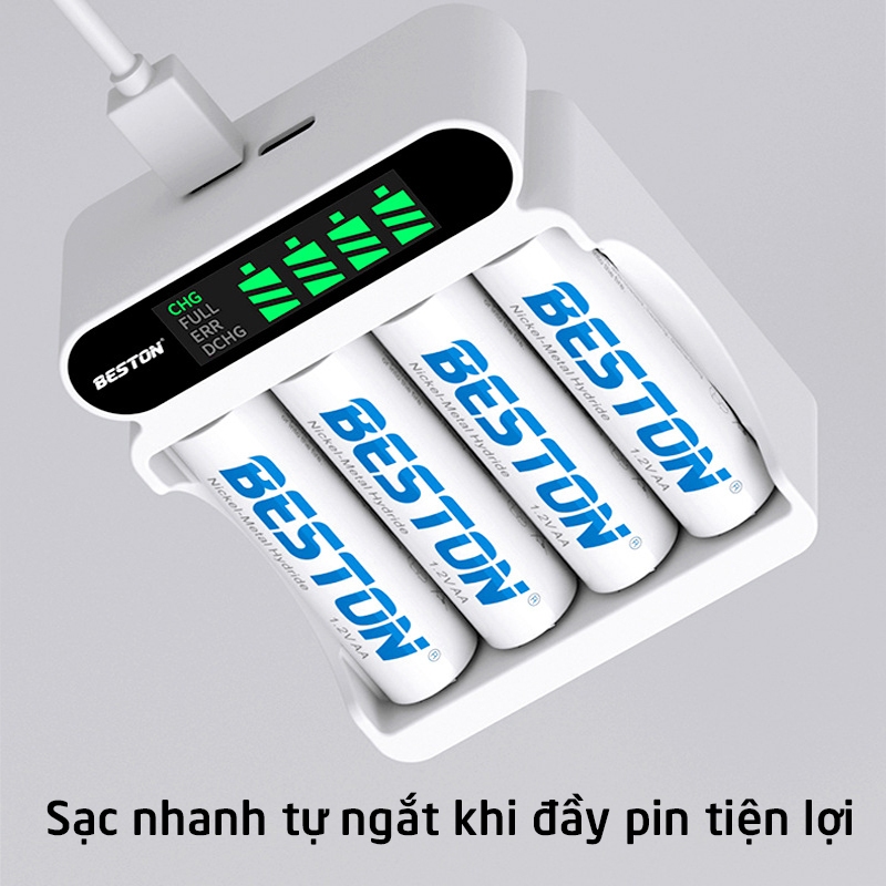 Sạc pin Beston C9023 mẫu mới 2023 sạc nhanh tự ngắt khi đầy có màn hình LCD dùng cho micro, remote