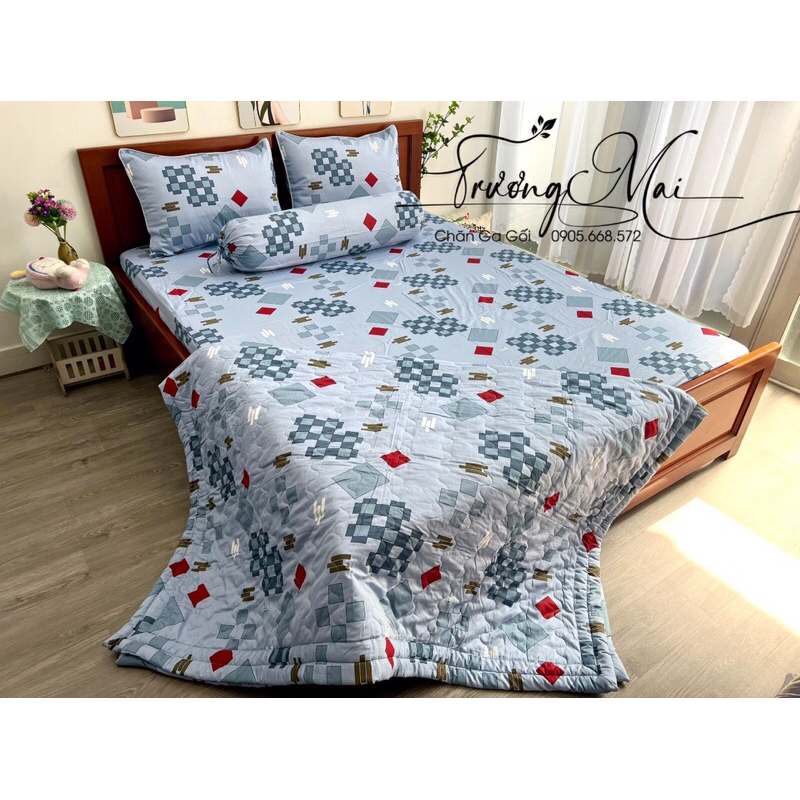Chăn ga 100% coton Việt Nam bộ kèm mền chần gòn 5 món.
