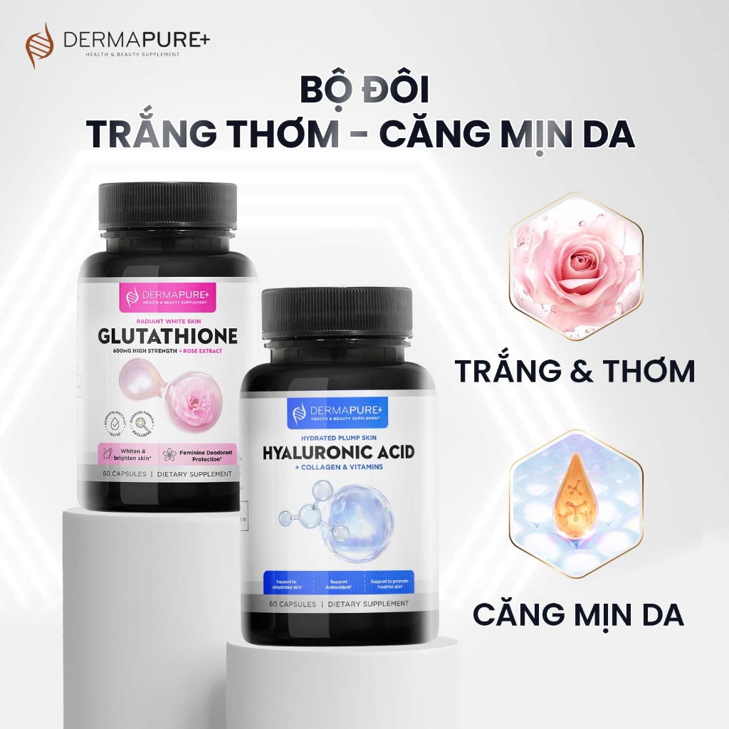 Combo 2 hộp viên uống Glutathione và HA - Bộ đôi trắng thơm và căng mịn da - DERMAPURE HEALTH & BEAUTY SUPPLEMENT