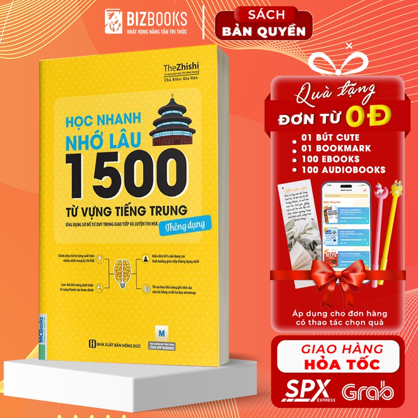 Sách - Học Nhanh Nhớ Lâu 1500 Từ Vựng Tiếng Trung Thông Dụng - Bizbooks Tặng kèm Sổ Tay và Bookmark