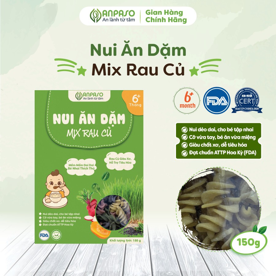 Nui Ăn Dặm Mix Rau Củ Anpaso Cho Bé Hộp 150g, Thực Phẩm Bổ Sung Dinh Dưỡng Chất Xơ, Vitamin K và Canxi Cho Bé