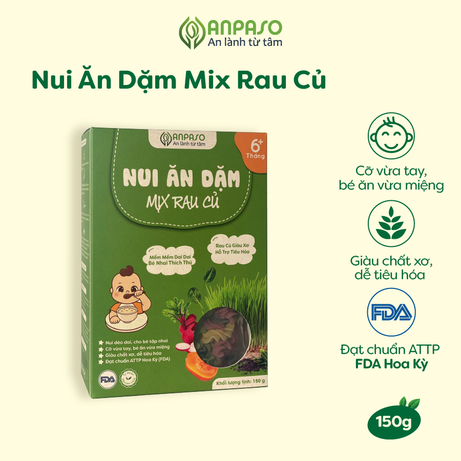 Nui Ăn Dặm Mix Rau Củ Anpaso Cho Bé Hộp 150g, Thực Phẩm Bổ Sung Dinh Dưỡng Chất Xơ, Vitamin K và Canxi Cho Bé