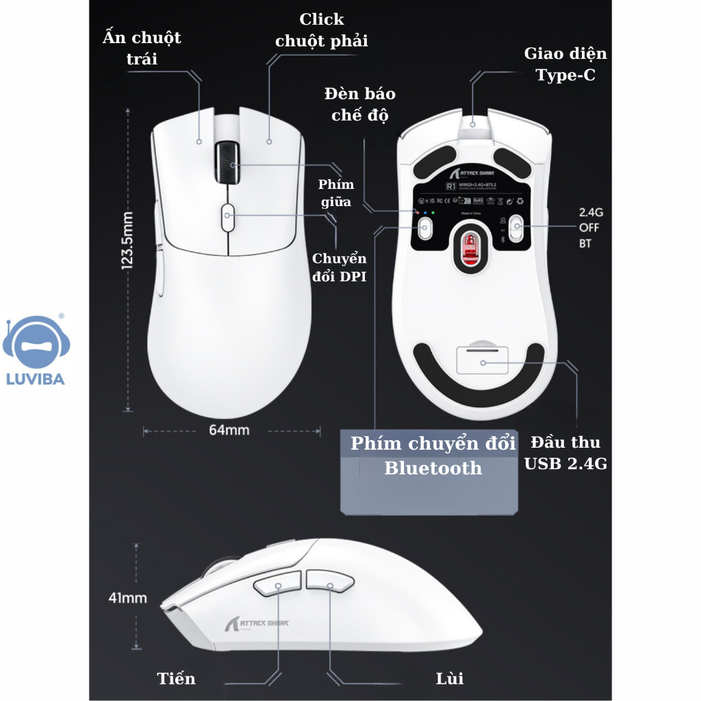 Chuột Bluetooth Không Dây Chip PAW3311 Attack Shark R1 18000DPI 3 Mode Kết Nối Có App Chỉnh Macro Pin Sạc