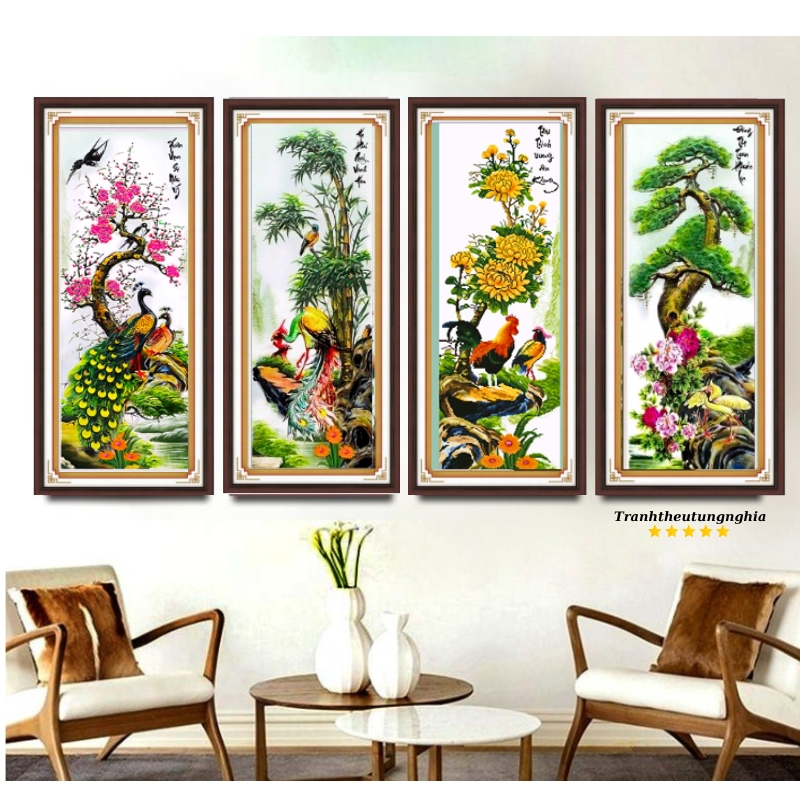 Tranh đính đá, tranh thêu chữ thập tứ quý tùng cúc trúc mai 1m50 x 1m
