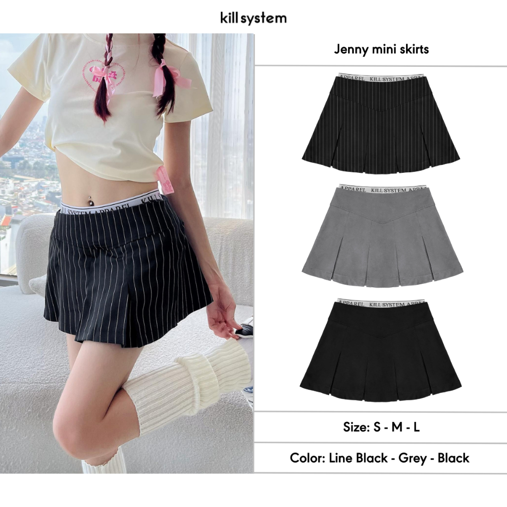 Chân váy ngắn xếp ly Killsystem phối lưng thun có lót trong màu đen, đen kẻ sọc Jenny mini skirt