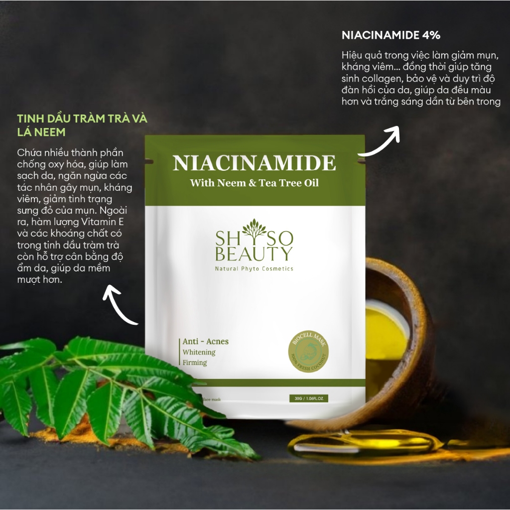 Mặt nạ SHSO Beauty Biocell Niacinamide 4% dành cho da mụn, chiết xuất lá Neem và tinh dầu tràm - NPC PHAR