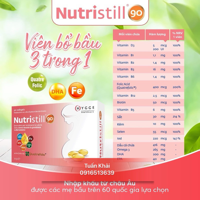 Nutristill 90 cho bà bầu - bổ sung vitamin, DHA, Acid Folic - hộp 30 viên