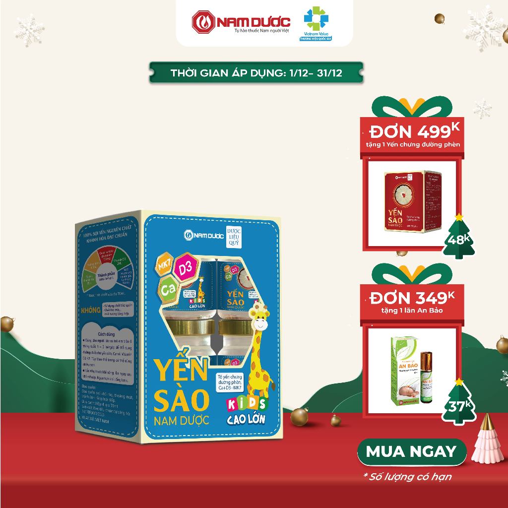 Set yến sào Nam Dược kids cao lớn, tăng sức đề kháng cho bé, bé ăn ngon và phát triển chiều cao (4 hũ x 70g)