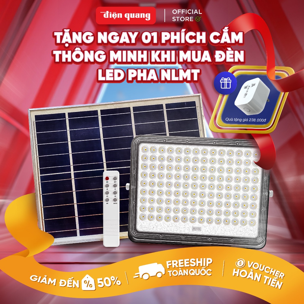 [TẶNG PHÍCH CẮM THÔNG MINH] Đèn năng lượng mặt trời, LED Pha NLMT Điện Quang (Công suất từ 60W - 300W, BH 2 năm)